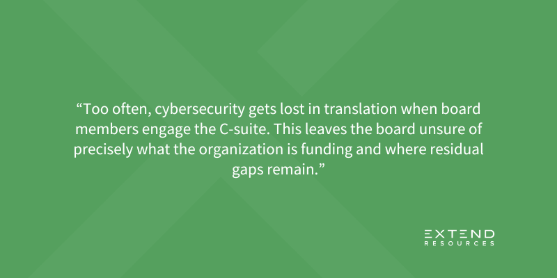 A green graphic with a quote that states: “Too often, cybersecurity gets lost in translation when board members engage the C-suite. This leaves the board unsure of precisely what the organization is funding and where residual gaps remain.”