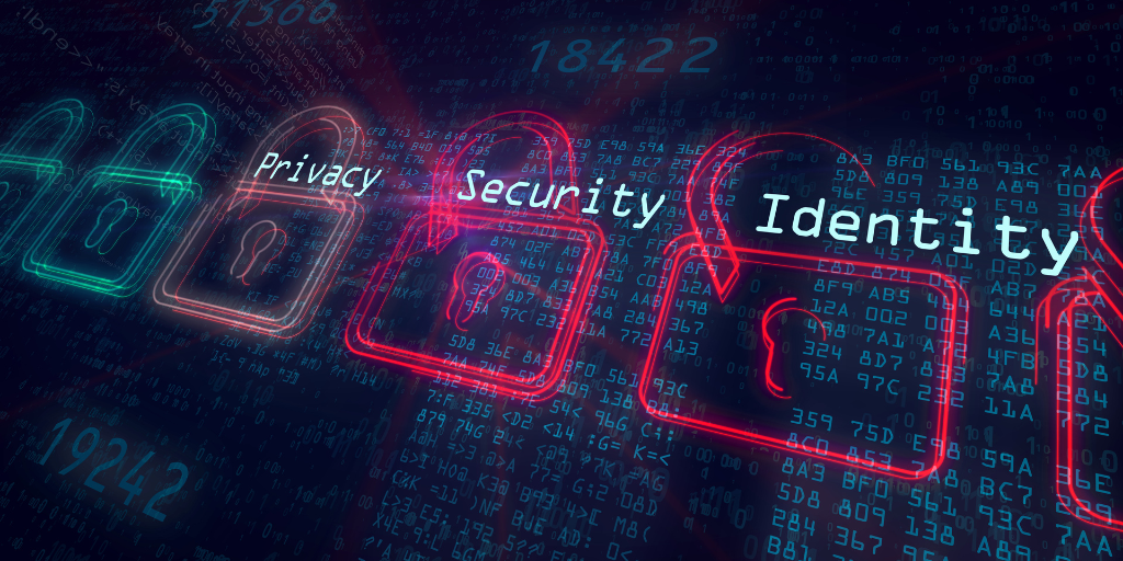 Dark blue graphic with red padlock and the words privacy, security, and identity.