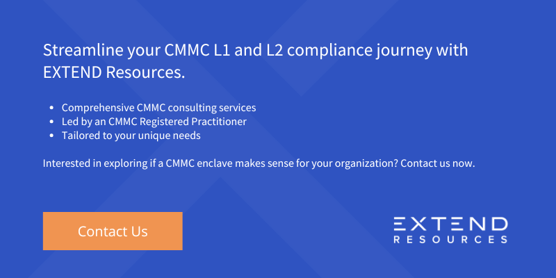 Graphic inviting visitors who are interested in streamlining their CMMC Level 1 and 2 compliance journey to contact EXTEND Resources.